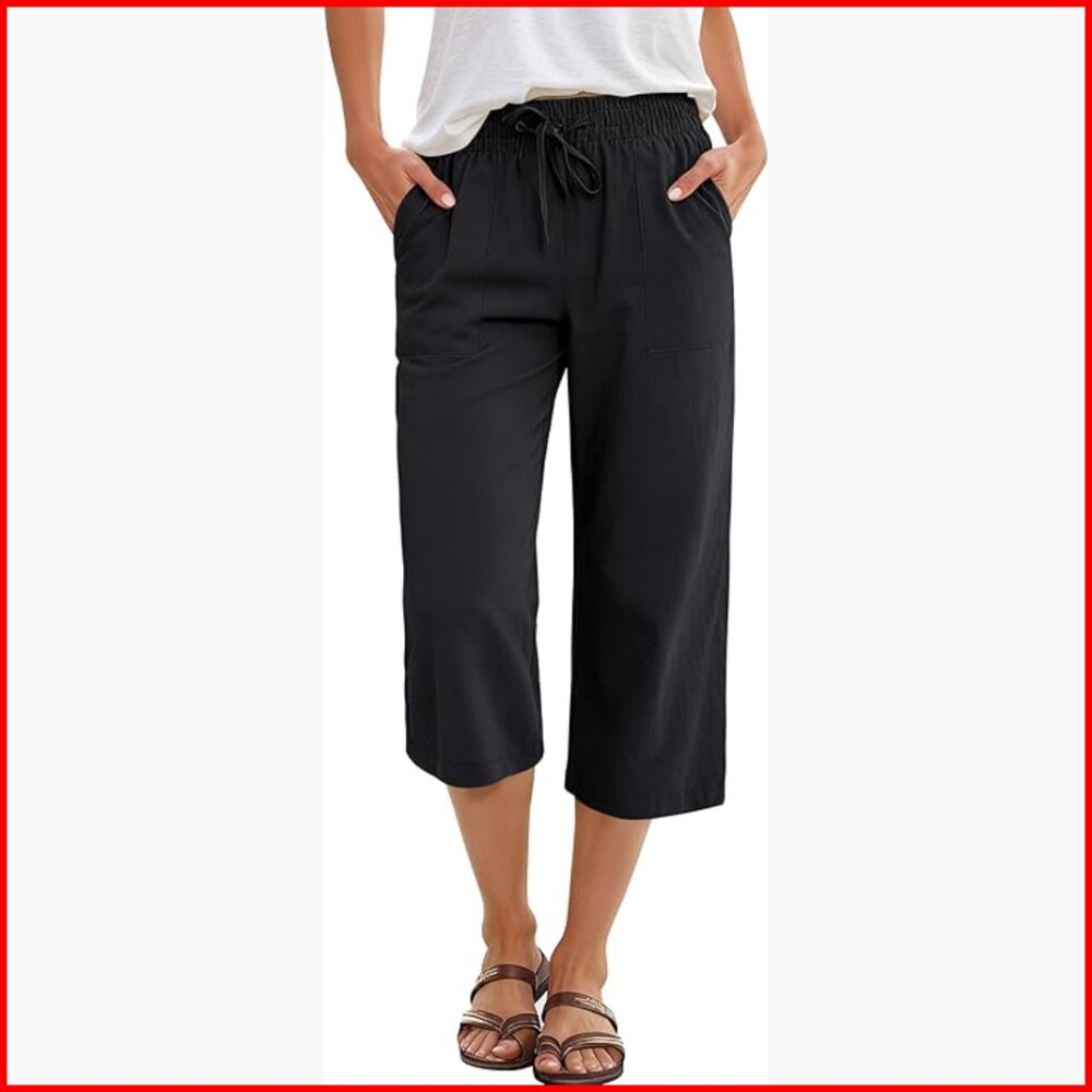 Rayon Cropped Palazzo Pants High Waist Drawstring Loose Lounge Casual